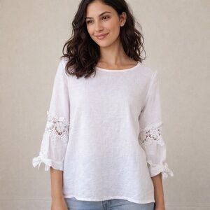 Italian Linen Classic Crochet Coastal White Blouse Sz- S Preppy Quiet Luxury